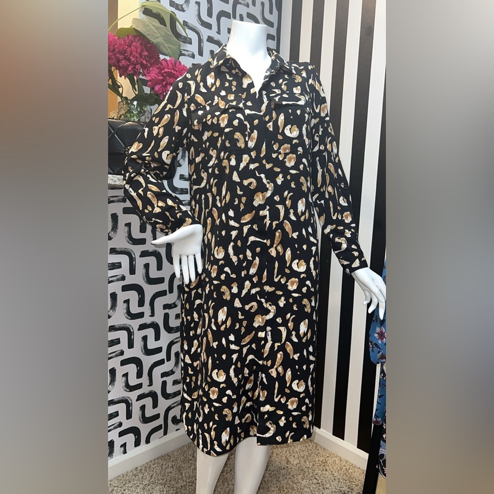 Nine West Black and Gold Patterned Long Sleeve Dress